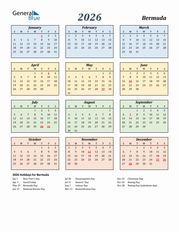 Bermuda Calendar 2026 with Sunday Start