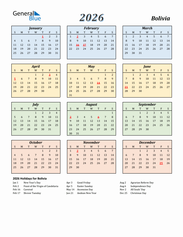 Bolivia Calendar 2026 with Sunday Start