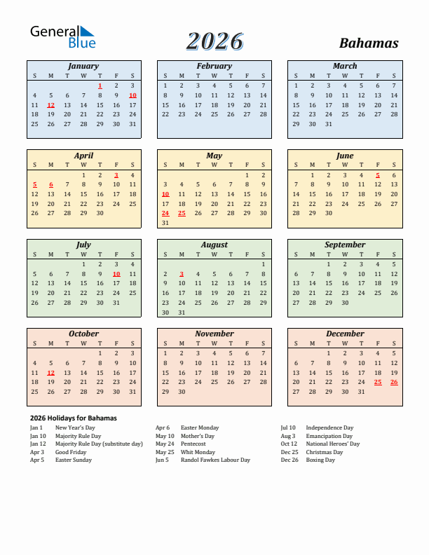 Bahamas Calendar 2026 with Sunday Start