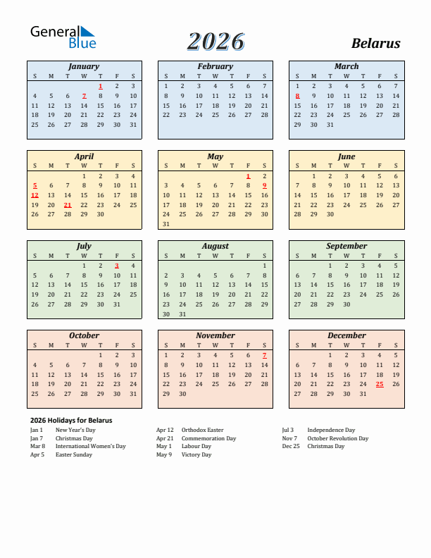 Belarus Calendar 2026 with Sunday Start