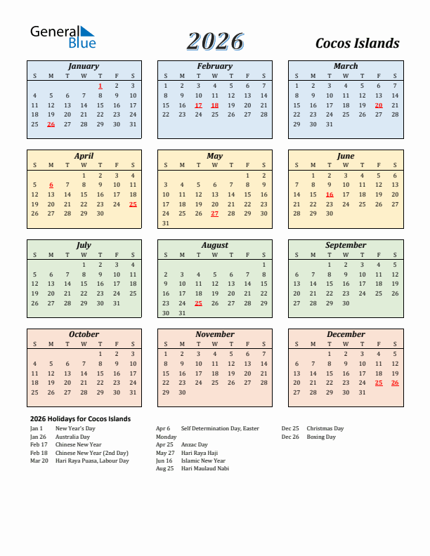 Cocos Islands Calendar 2026 with Sunday Start