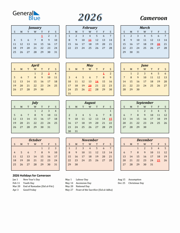 Cameroon Calendar 2026 with Sunday Start