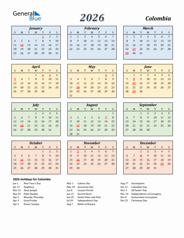 Colombia Calendar 2026 with Sunday Start