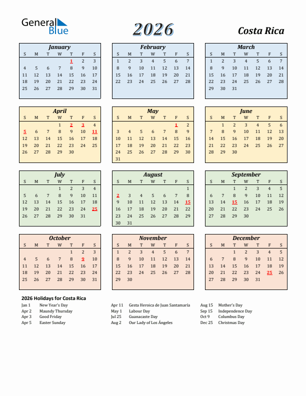Costa Rica Calendar 2026 with Sunday Start