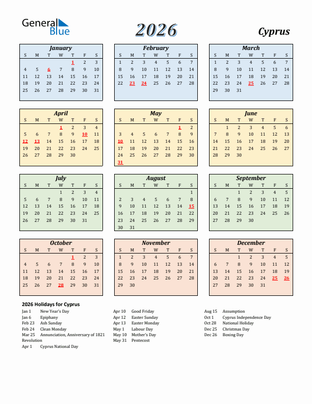 Cyprus Calendar 2026 with Sunday Start