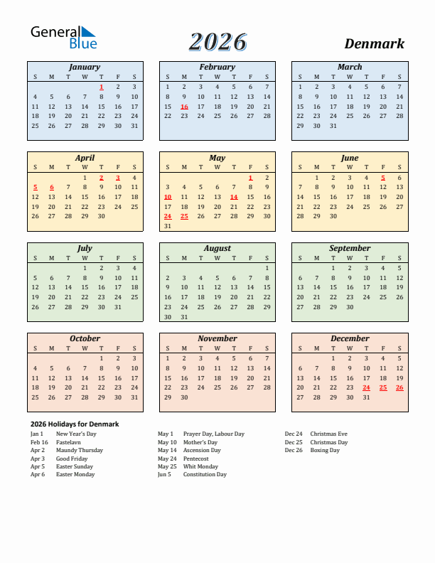 Denmark Calendar 2026 with Sunday Start