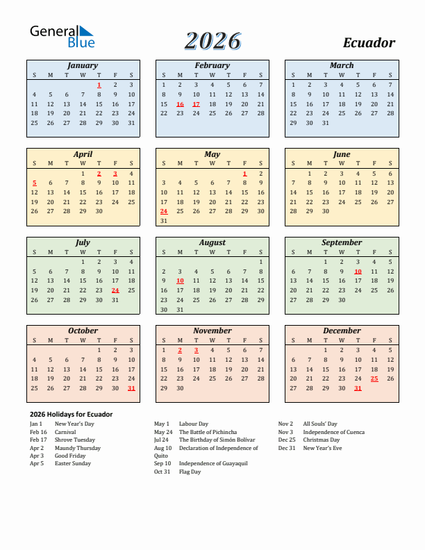 Ecuador Calendar 2026 with Sunday Start