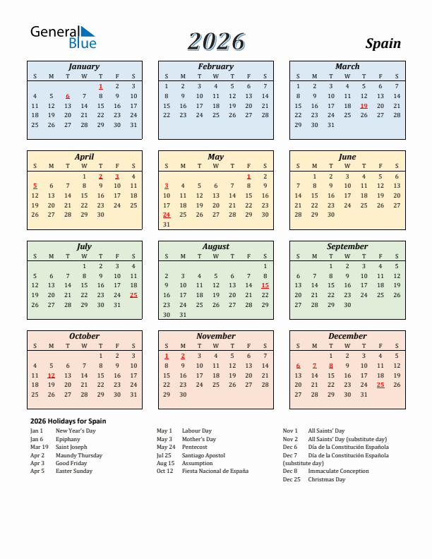 Spain Calendar 2026 with Sunday Start