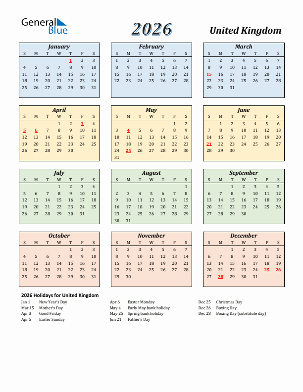 United Kingdom Calendar 2026 with Sunday Start