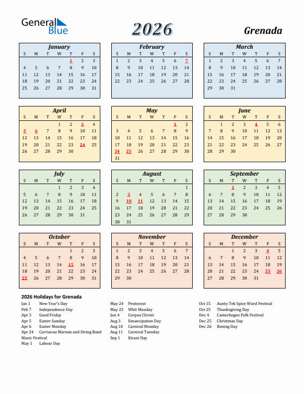 Grenada Calendar 2026 with Sunday Start