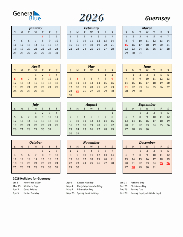 Guernsey Calendar 2026 with Sunday Start