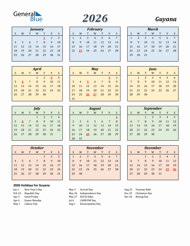 Guyana Calendar 2026 with Sunday Start