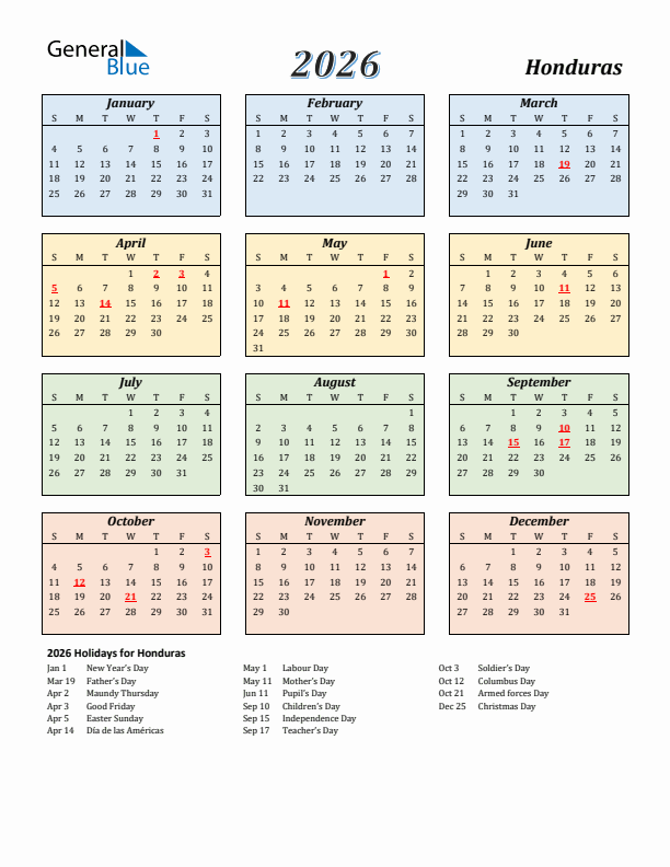 Honduras Calendar 2026 with Sunday Start