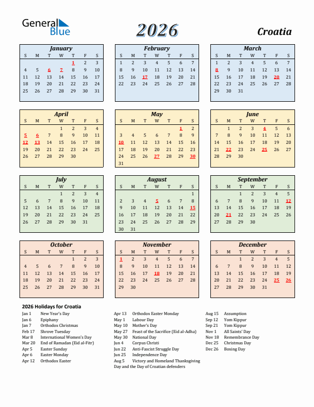 Croatia Calendar 2026 with Sunday Start