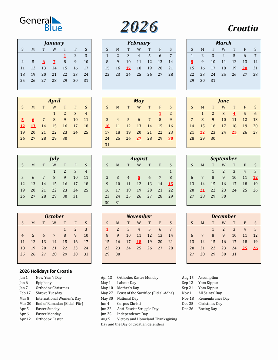 2026 Croatia Calendar with Sunday Start