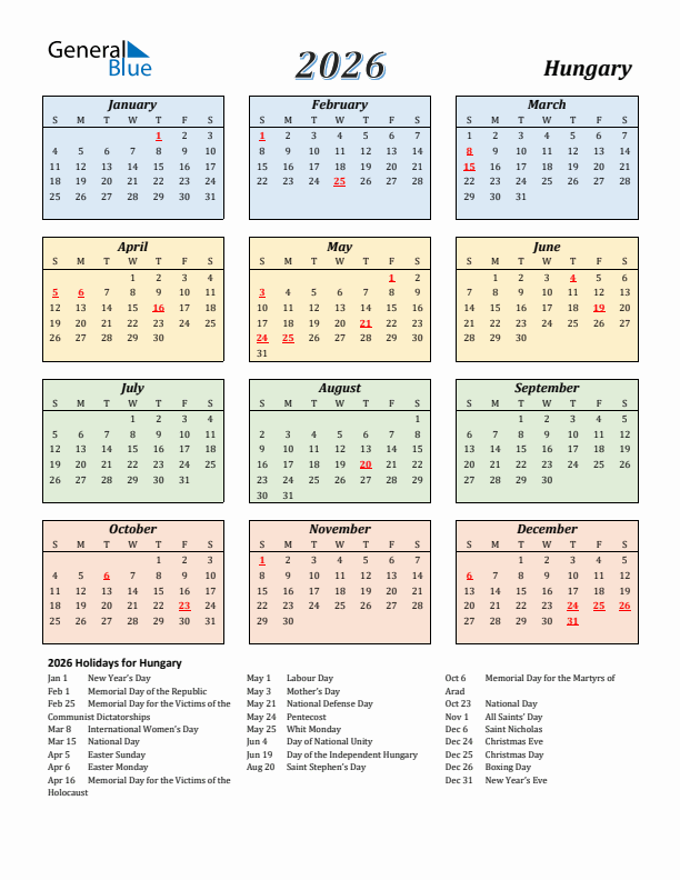 Hungary Calendar 2026 with Sunday Start