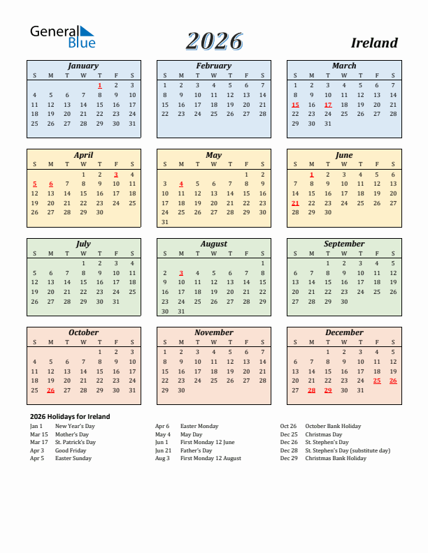 Ireland Calendar 2026 with Sunday Start