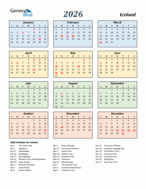 Iceland Calendar 2026 with Sunday Start