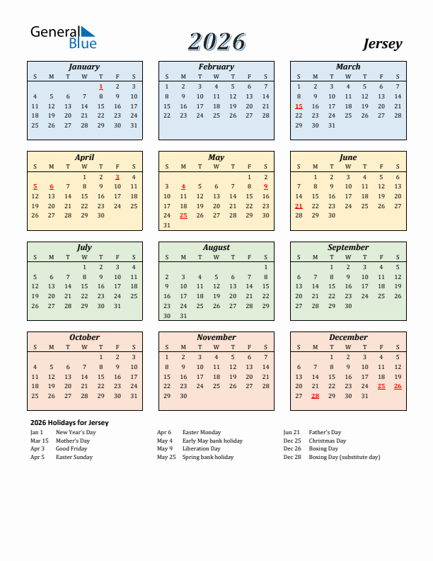 Jersey Calendar 2026 with Sunday Start