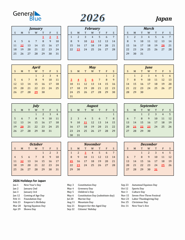 Japan Calendar 2026 with Sunday Start