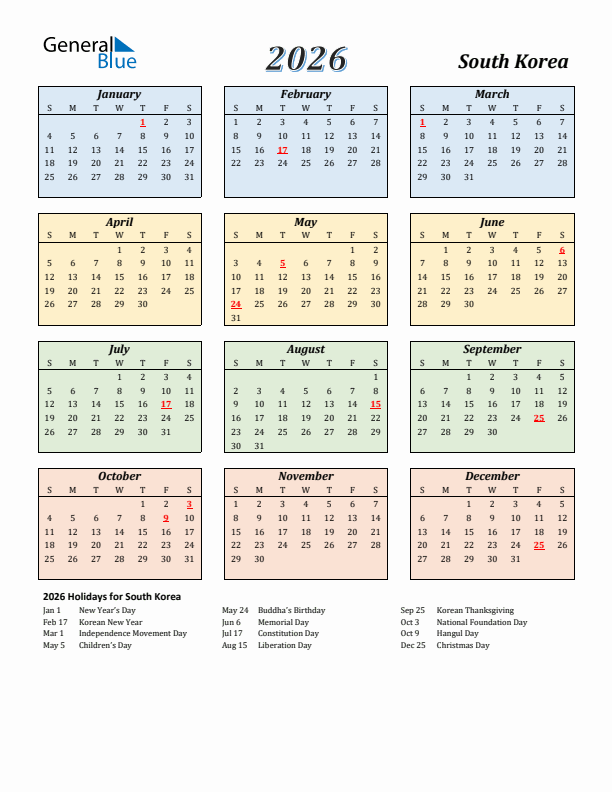 South Korea Calendar 2026 with Sunday Start