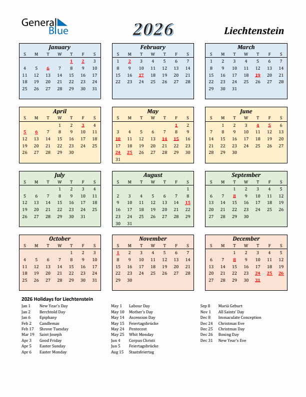 Liechtenstein Calendar 2026 with Sunday Start