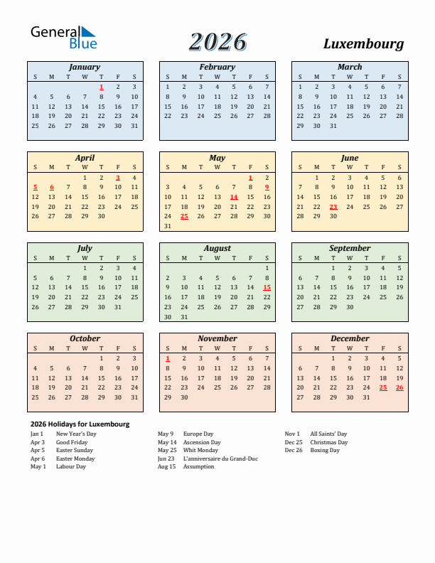 Luxembourg Calendar 2026 with Sunday Start