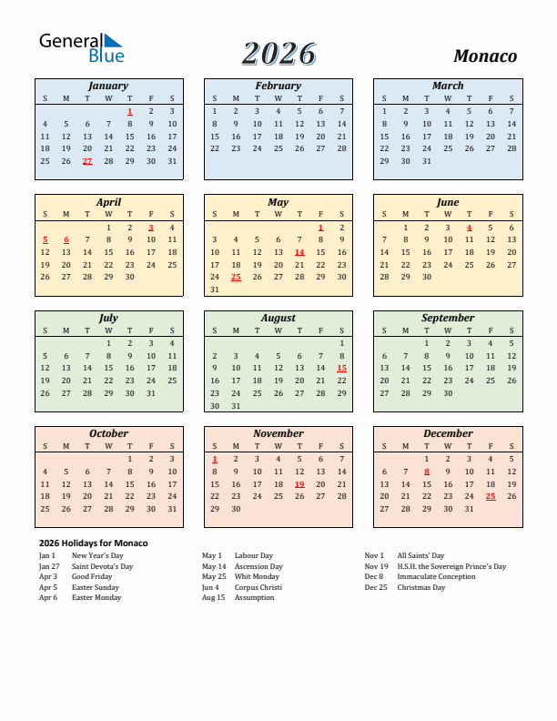 Monaco Calendar 2026 with Sunday Start