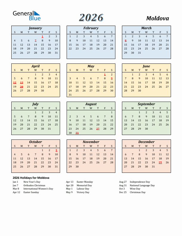 Moldova Calendar 2026 with Sunday Start