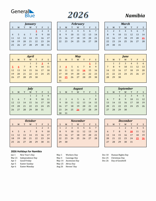 Namibia Calendar 2026 with Sunday Start