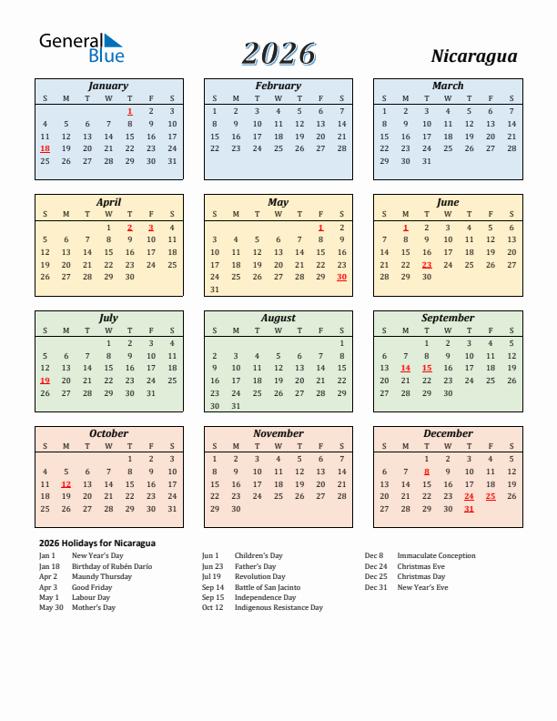 Nicaragua Calendar 2026 with Sunday Start