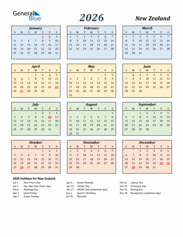New Zealand Calendar 2026 with Sunday Start