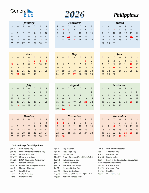 Philippines Calendar 2026 with Sunday Start