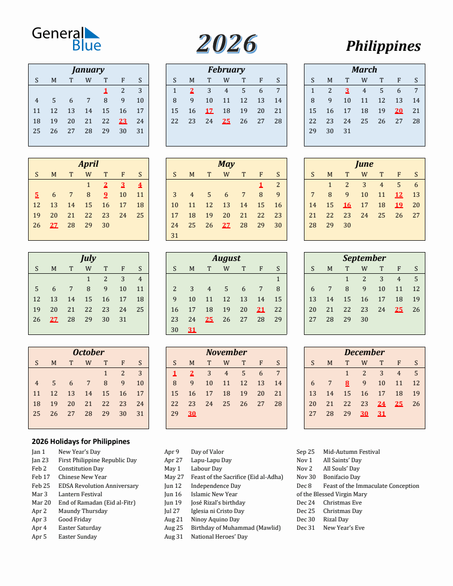 2026 Philippines Calendar with Sunday Start