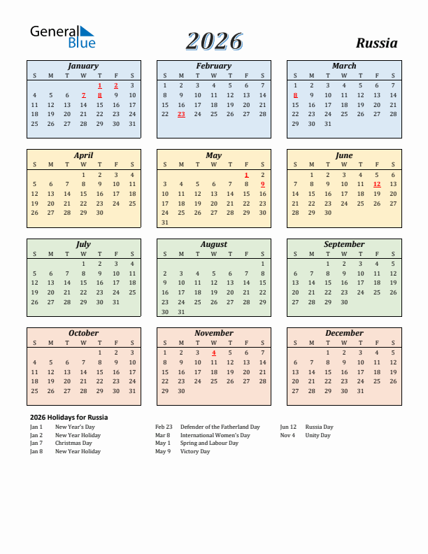 Russia Calendar 2026 with Sunday Start