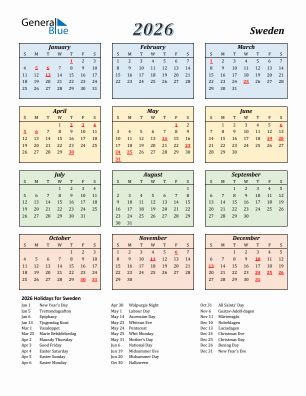 Sweden Calendar 2026 with Sunday Start