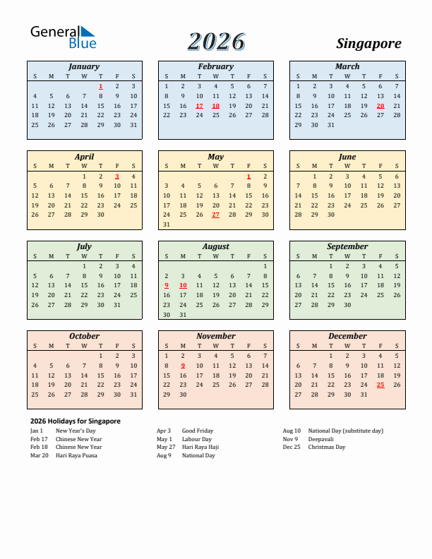 Singapore Calendar 2026 with Sunday Start