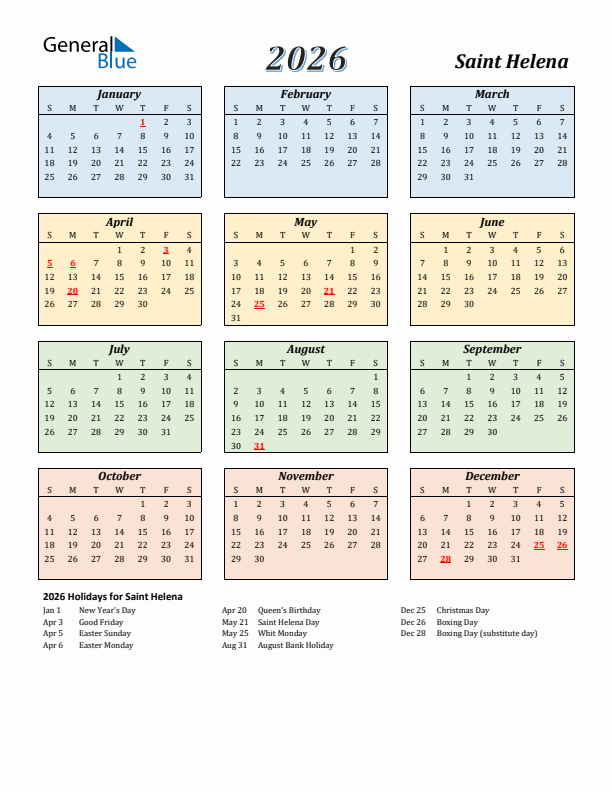 Saint Helena Calendar 2026 with Sunday Start