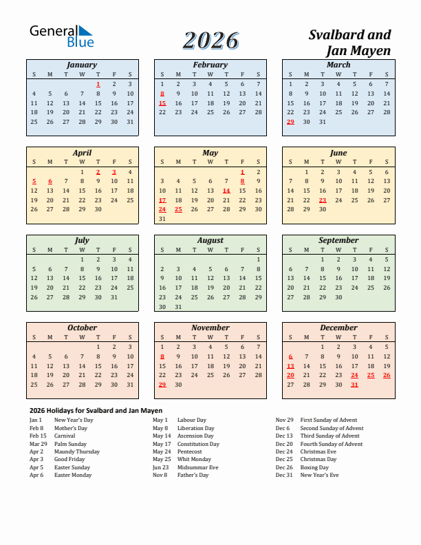 Svalbard and Jan Mayen Calendar 2026 with Sunday Start