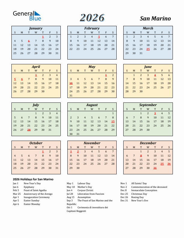 San Marino Calendar 2026 with Sunday Start