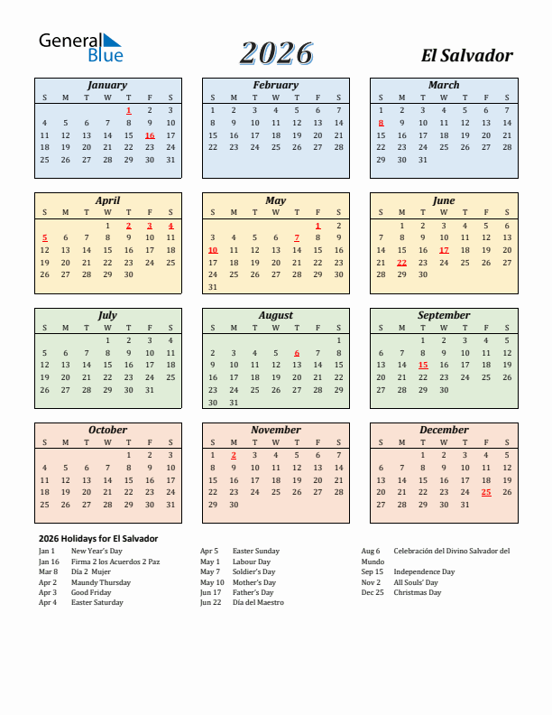 El Salvador Calendar 2026 with Sunday Start