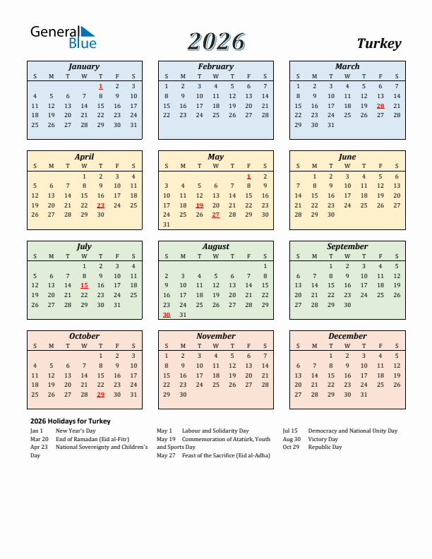 Turkey Calendar 2026 with Sunday Start