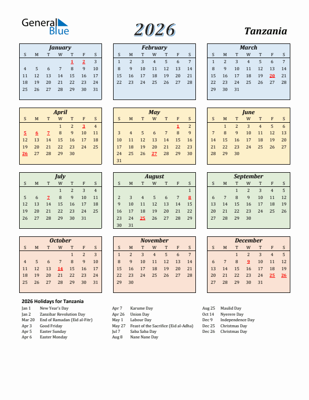 Tanzania Calendar 2026 with Sunday Start