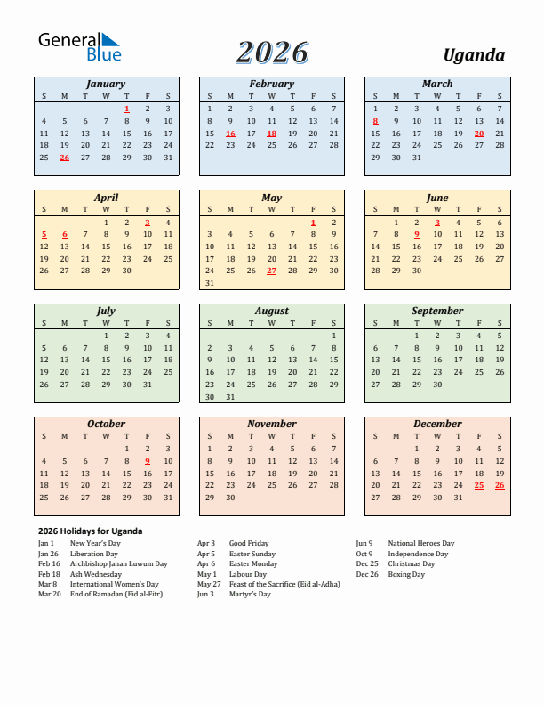 Uganda Calendar 2026 with Sunday Start