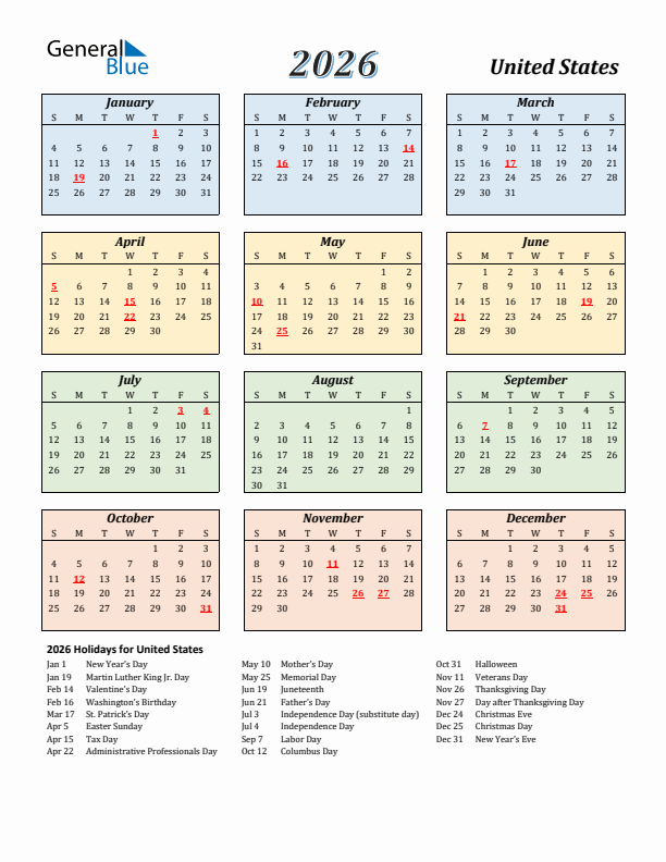 United States Calendar 2026 with Sunday Start