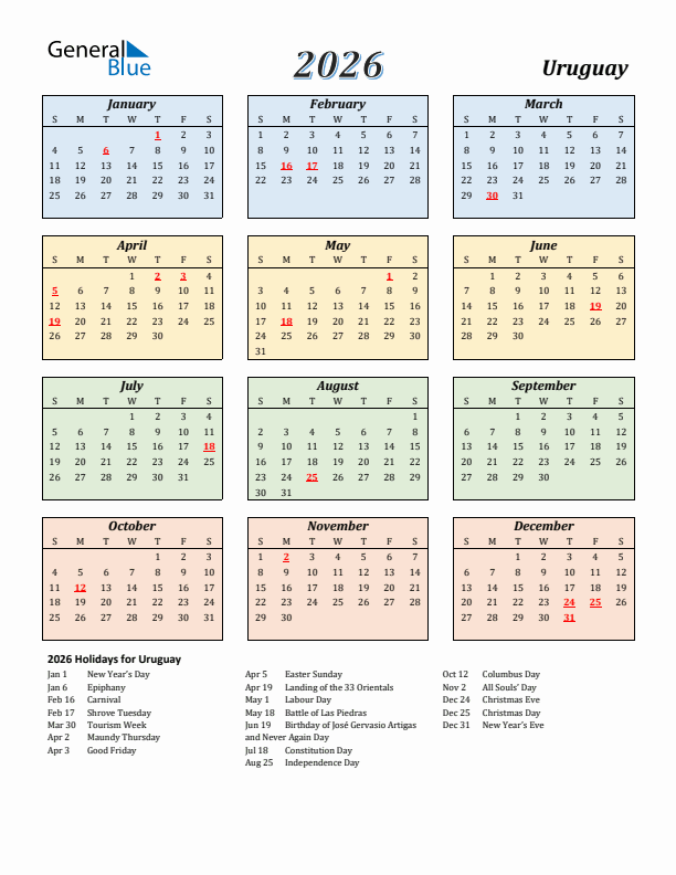 Uruguay Calendar 2026 with Sunday Start