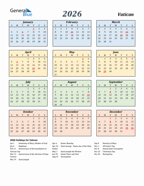 Vatican Calendar 2026 with Sunday Start