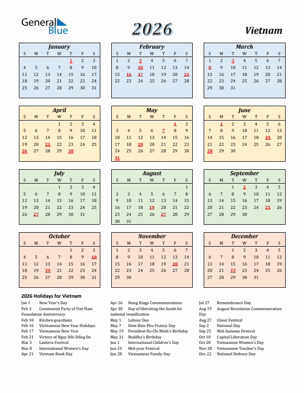 Vietnam Calendar 2026 with Sunday Start