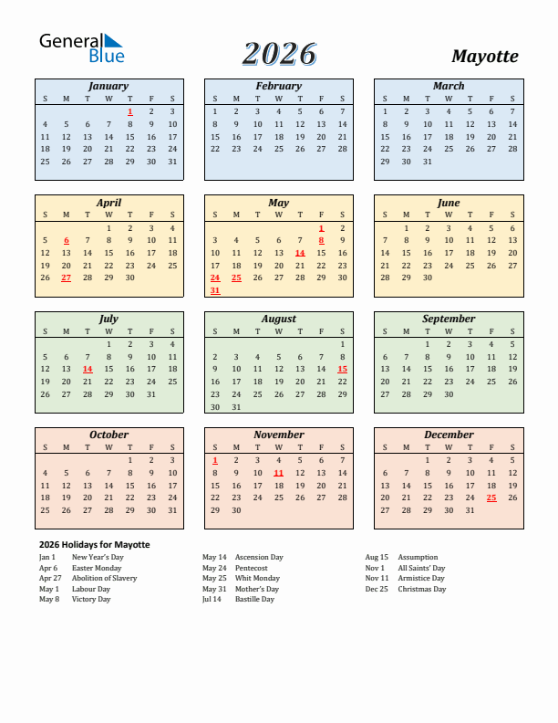 Mayotte Calendar 2026 with Sunday Start