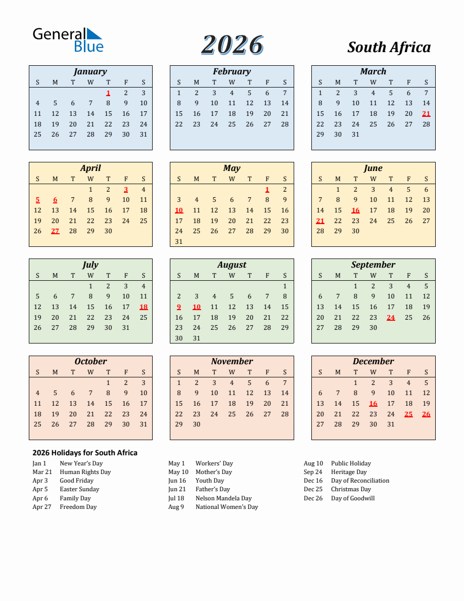 2026 South Africa Calendar with Sunday Start